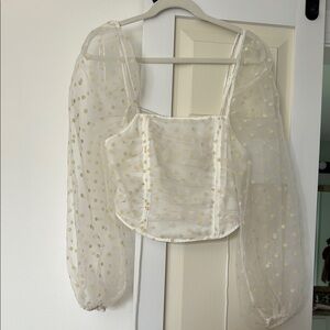 Topshop Cream and White Bustier Sheer Puff Sleeve Blouse